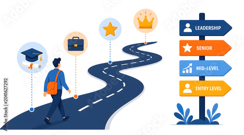 Business person walking toward leadership and success milestones on a winding career path