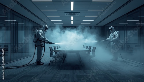 Professional cleaners in hazmat suits disinfecting a modern office conference room with fogging equipment to sanitize the space from viruses and bacteria