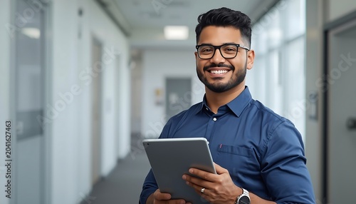 Professional young man with glasses and a beard holding a digital tablet in a modern office hallway, smiling at the camera, business technology concept