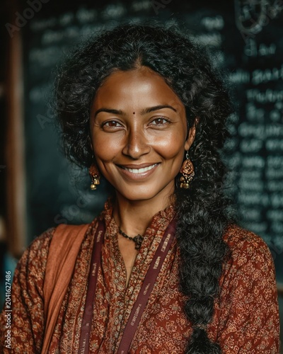 Smiling Indian female teacher against a classroom backdrop for Teachera??s Day in India - a warm, authentic scene