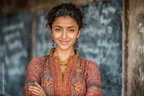 Smiling Indian female teacher in traditional attire, standing in front of a classroom