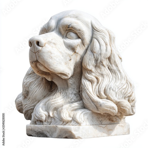Intricate Marble Sculpture Of A Dog Bust With Detailed Fur Texture And Expressive Eyes On White Background