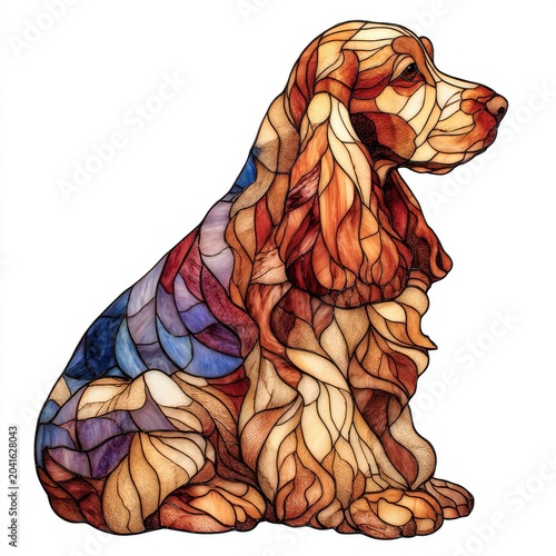 Intricate Stained Glass Cocker Spaniel Sitting Pose Warm Earthy Tones with Blue Accents Detailed Mosaic Pattern Isolated