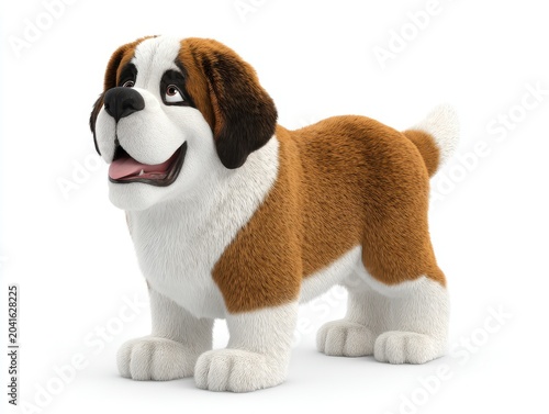 Joyful Brown and White Saint Bernard Dog Sculpture on Clean White Background