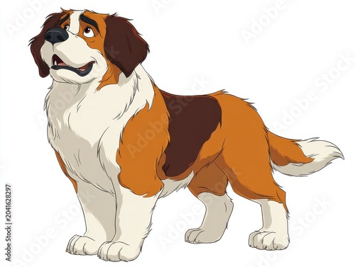 Large Saint Bernard Dog Standing White Background Looking Up Hopeful Expression Brown White Coat
