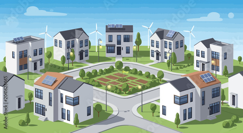 Obraz na płótnie Eco-friendly neighborhood with solar panels and wind turbines, sustainable living concept