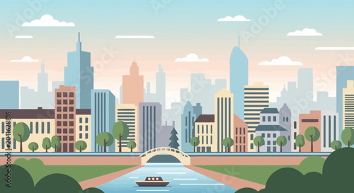 Tableau sur toile Flat design cityscape with canal, bridge, and boat, modern urban skyline