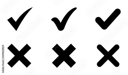 Photos Set of Three Checkmarks and Three Crosses, Simple Black Icons for Approval and R