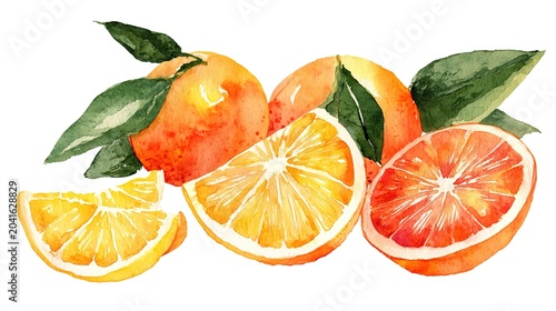 Watercolor oranges with leaves and slices on white background