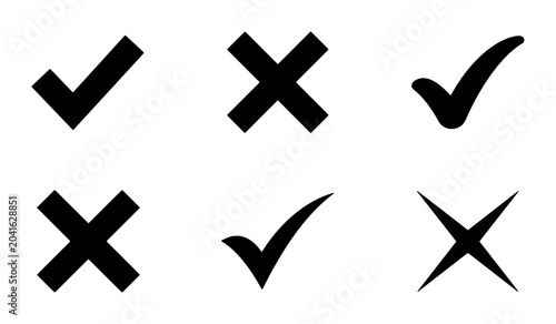 Tableau sur toile Set of 3 Check Mark and Cross Icons, Black and White Symbols for Approval, Rejec