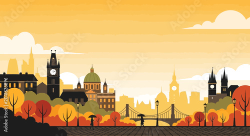 Schilderij op canvas Autumn cityscape with iconic landmarks, trees in warm colors, and people walking under umbrellas