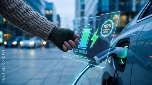 Electric vehicle charging at a station with a digital holographic interface showing 92 percent battery charge