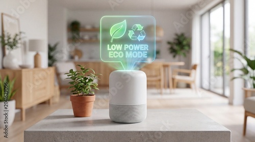 Smart home speaker with holographic eco mode display on a table in a modern living room interior