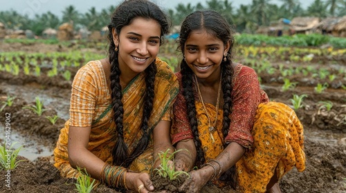 Smiling Indian woman and teenage girl in red sarees preparing to plant on farmland, bonding in rural desi life