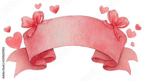 Pink ribbon banner with hearts and bows on white background