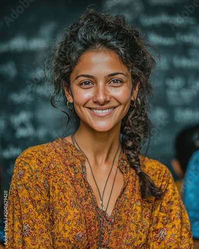 Smiling Indian woman teacher standing in a classroom, celebrating Teachers Day