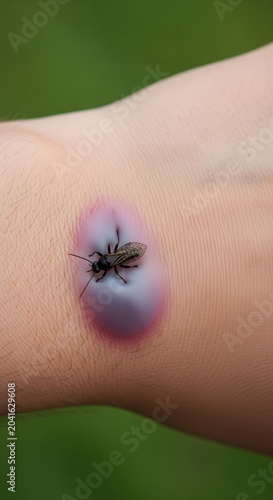 Small Black Fly Resting on Swollen Human Skin Bite Outdoors