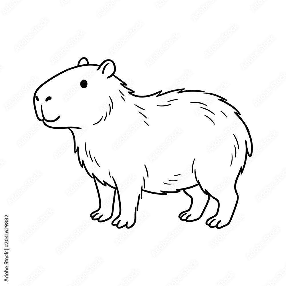 Fototapeta premium Black and white outline hand drawn capybara clip art illustration