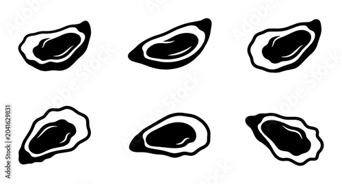 Obraz na płótnie Six Black and White Oyster Icons, Seafood Vector Graphics, Marine Delicacy Illus
