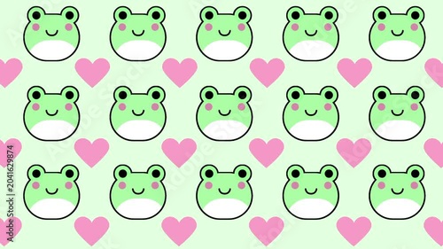 A seamless repeat pattern featuring cute kawaii green frog faces with small pink hearts on a soft white background in cartoon style
