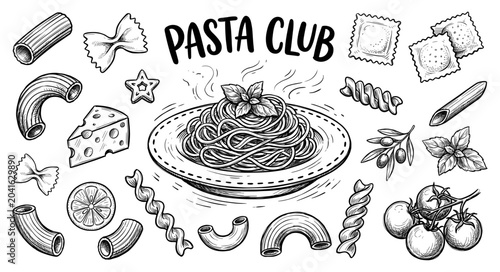 Italian pasta club sketch set with spaghetti tomato and cheese