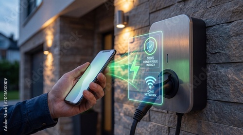 Smart electric vehicle charging station connected to a smartphone app at home