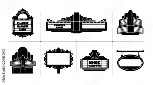Fotografie Art Deco Marquee Signs Collection, Vintage Cinema Theater Facades, Retro Enterta