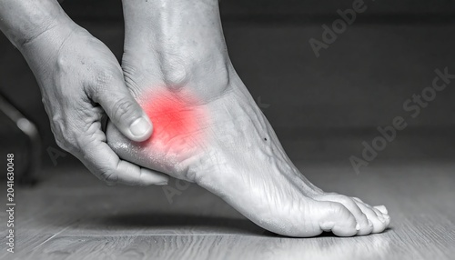 Painful Human Heel Held by Hand on Wooden Floor