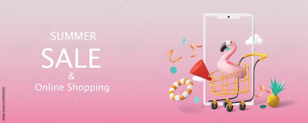 Obraz premium Summer sale online shopping banner with smartphone shopping cart and pink flamingo float vector illustration
