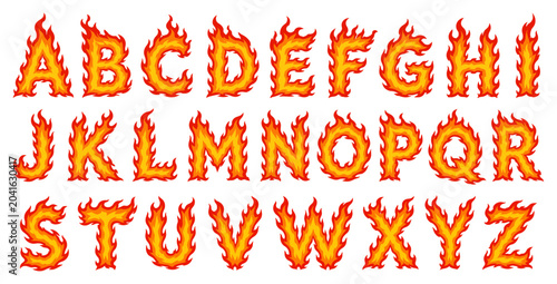 Fire alphabet font set with burning flame letter