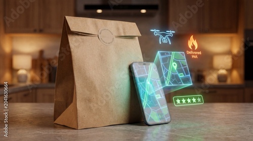 Modern food delivery concept with a paper bag and a smartphone displaying a holographic map and delivery status