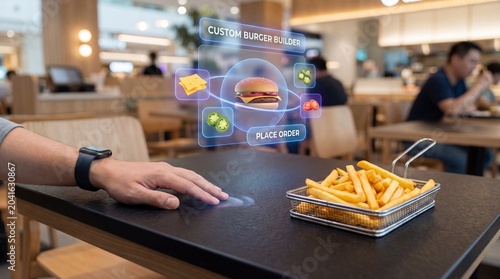 Augmented reality interface for ordering a custom burger in a restaurant setting with a digital menu display