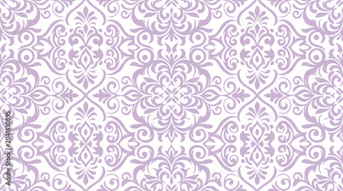 Ornate purple damask pattern with floral motifs for elegant background design.