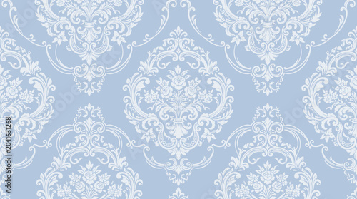 Konstfotografi Blue Damask Seamless Wallpaper Pattern with Ornamental Motifs for Classic Interior Decor