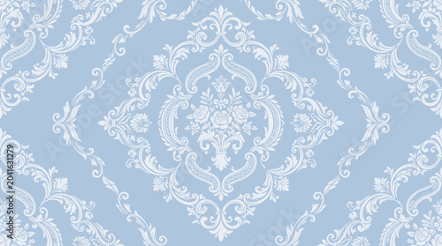 Billede på lærred Elegant blue damask pattern texture with ornamental white motifs for backgrounds and design
