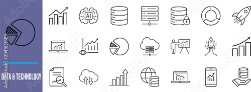 Digital data analysis technology icons. database icon set, chart icon set, cloud icon set