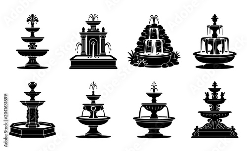 Schilderij op canvas Elegant Fountain Silhouettes, Classic Water Features Collection, Ornate Garden D