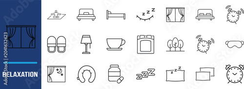 Relaxation and sleep line icons. bed icon set, alarm clock icon set, pillows icon set