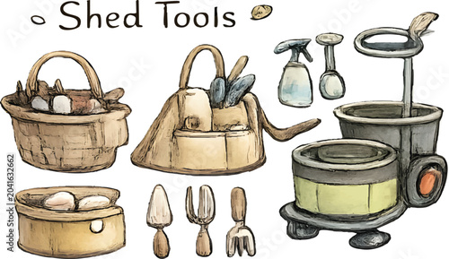 Quadro su tela Hand-painted watercolor object collection featuring shed tool including garden t