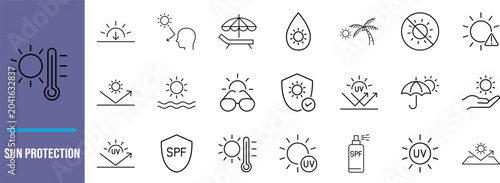 Sun protection vector icons. sun icon set, thermometer icon set, umbrella icon set