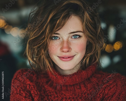 Smiling woman in red sweater over blurred Christmas tree background, holidays celebration concept