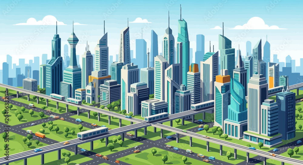 Obraz premium Futuristic Cityscape with Skybridges, Monorails, and Green Spaces