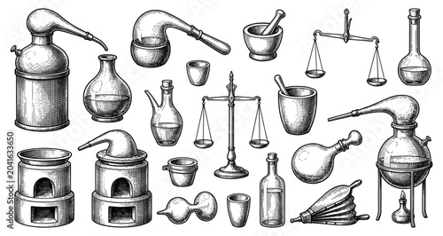 Alchemy laboratory equipment sketch set with vintage alembic flask scale
