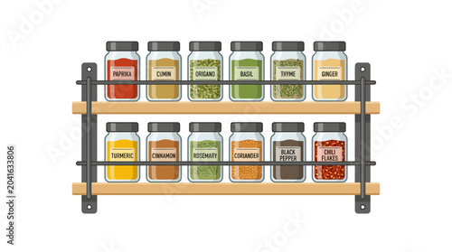 Spice Rack with Assorted Spices in Glass Jars - Culinary Ingredients