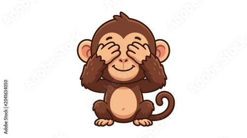 Photography Cute Cartoon Monkey Covering Eyes, See No Evil Concept, White Background