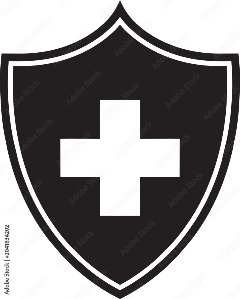 Fototapeta premium Medical shield icon with cross symbol representing health protection and safety insurance.