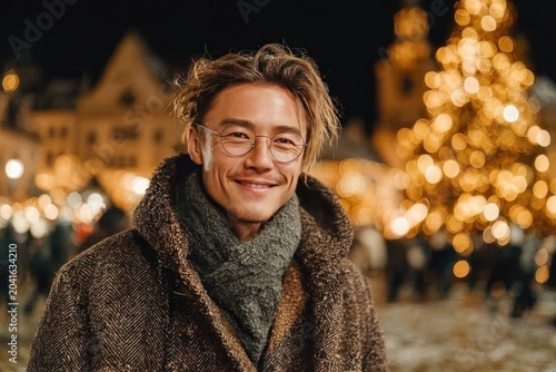 Smiling young man standing next to beautifully lit Christmas tree at night, cozy and warm setting