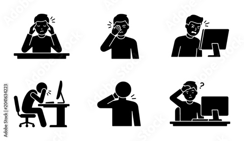 Fotografia Stressful Work Icons, Office Burnout Symptoms, Digital Fatigue, Headache, Eye St