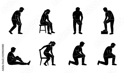 Schilderij op canvas Silhouette Poses of People Experiencing Knee Pain, Joint Discomfort, and Physical Ailments
