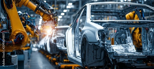 Robots in an Industrial Automotive Assembly Line Efficiently Affixing Parts onto Car Body System